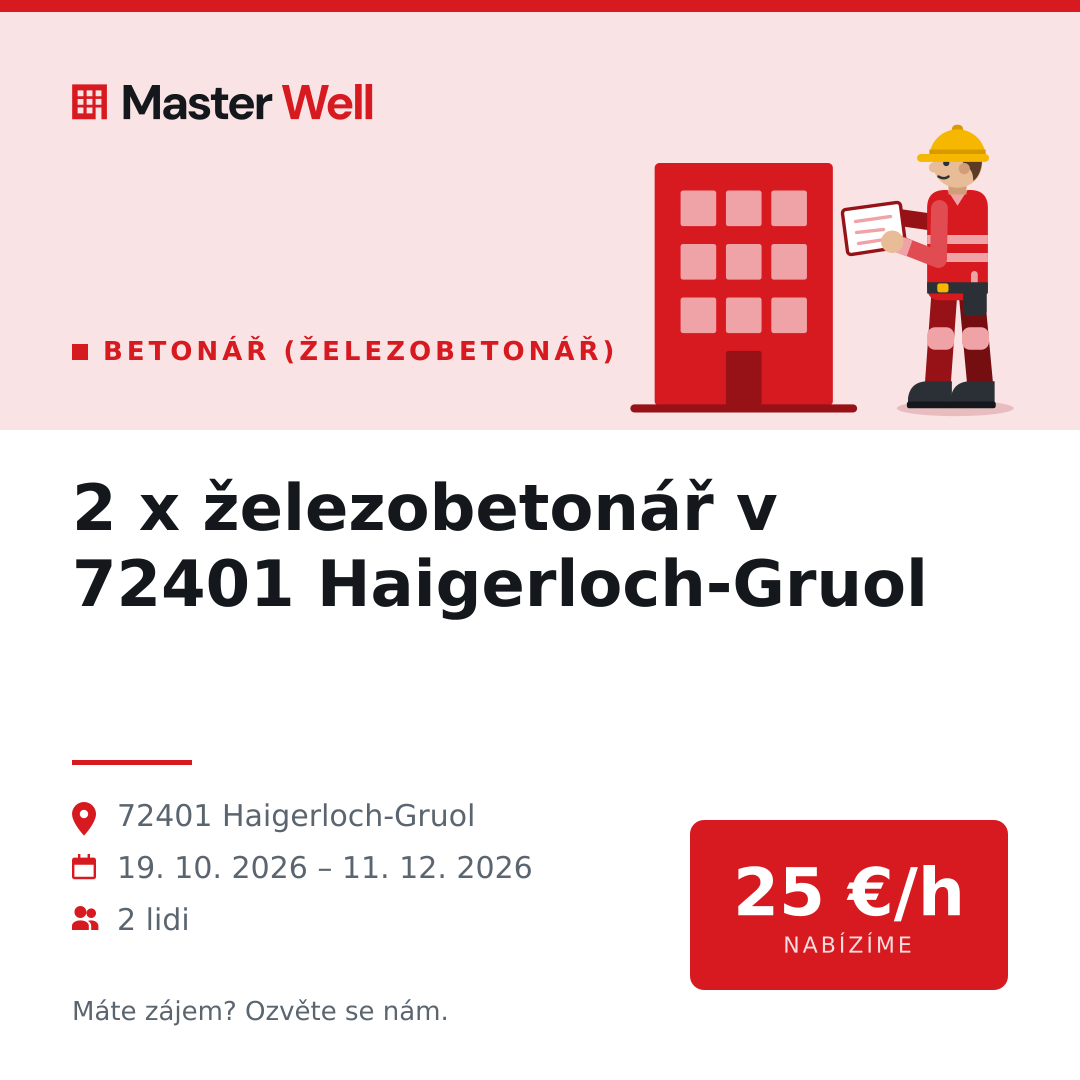 2 x železobetonář v 72401 Haigerloch-Gruol, 72401 Haigerloch-Gruol, 19. 10. 2026 – 11. 12. 2026, počet lidí: 2, 25 €/h